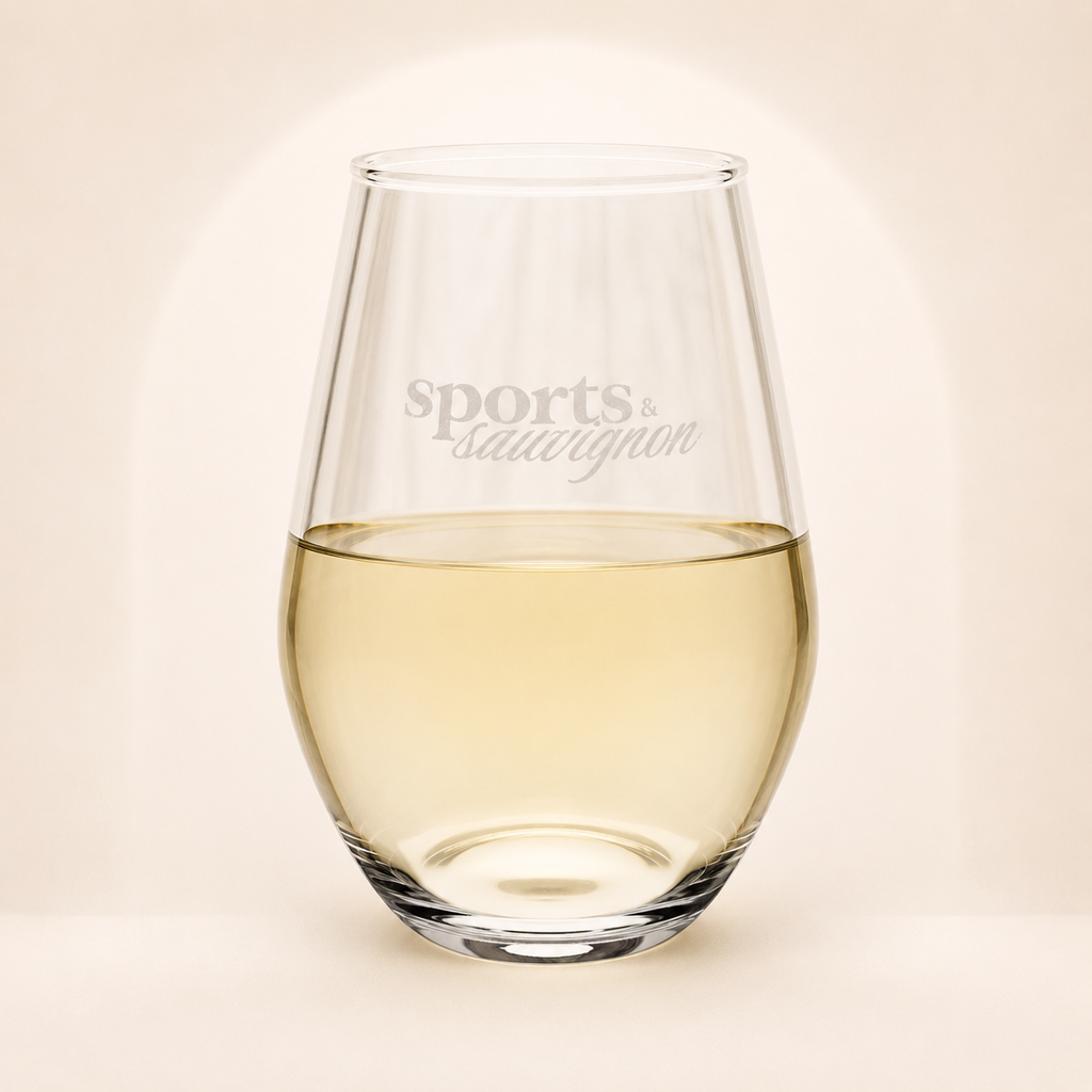 Sports & Sauvignon engraved 11.5 oz stemless wine glass with white wine