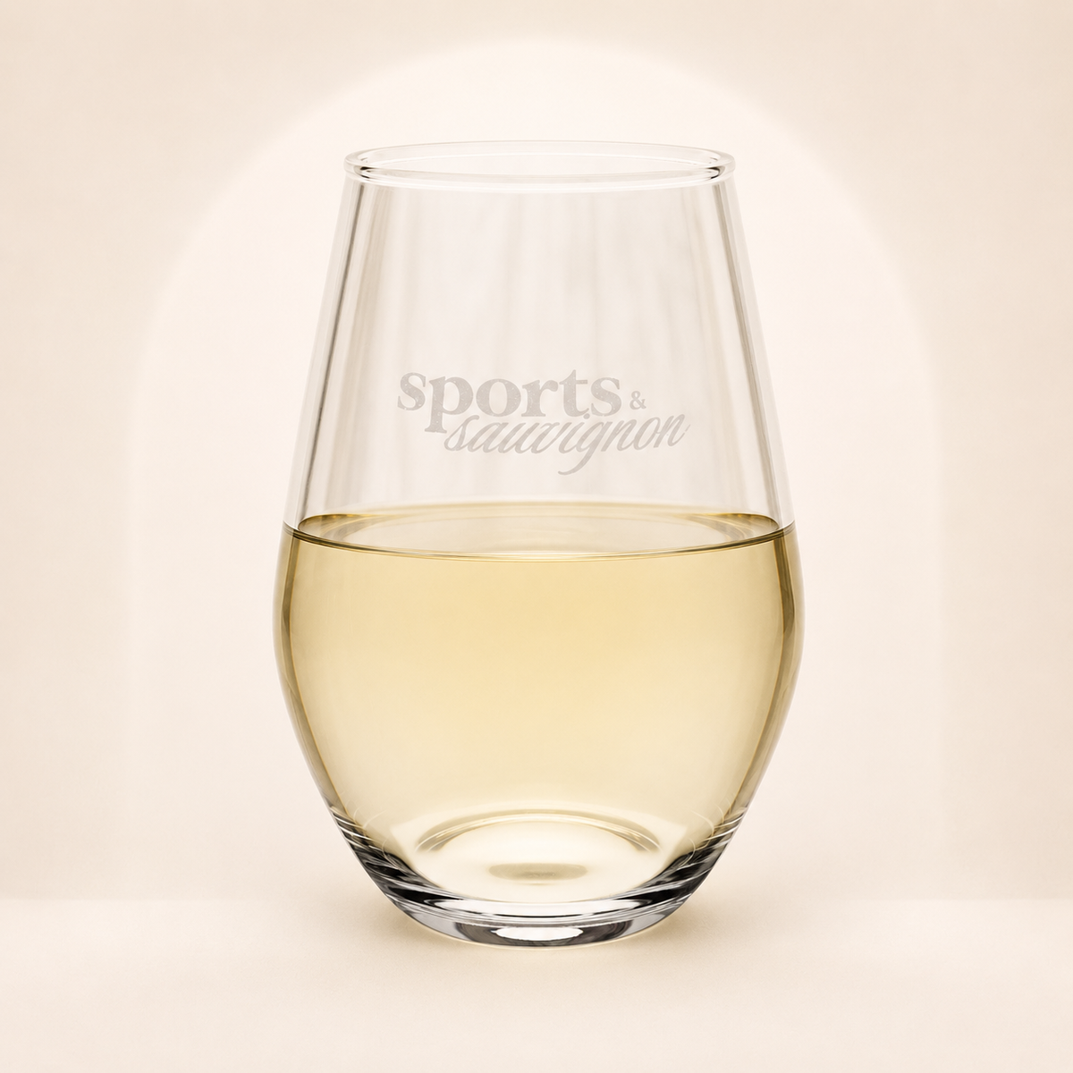 Sports & Sauvignon engraved 11.5 oz stemless wine glass with white wine