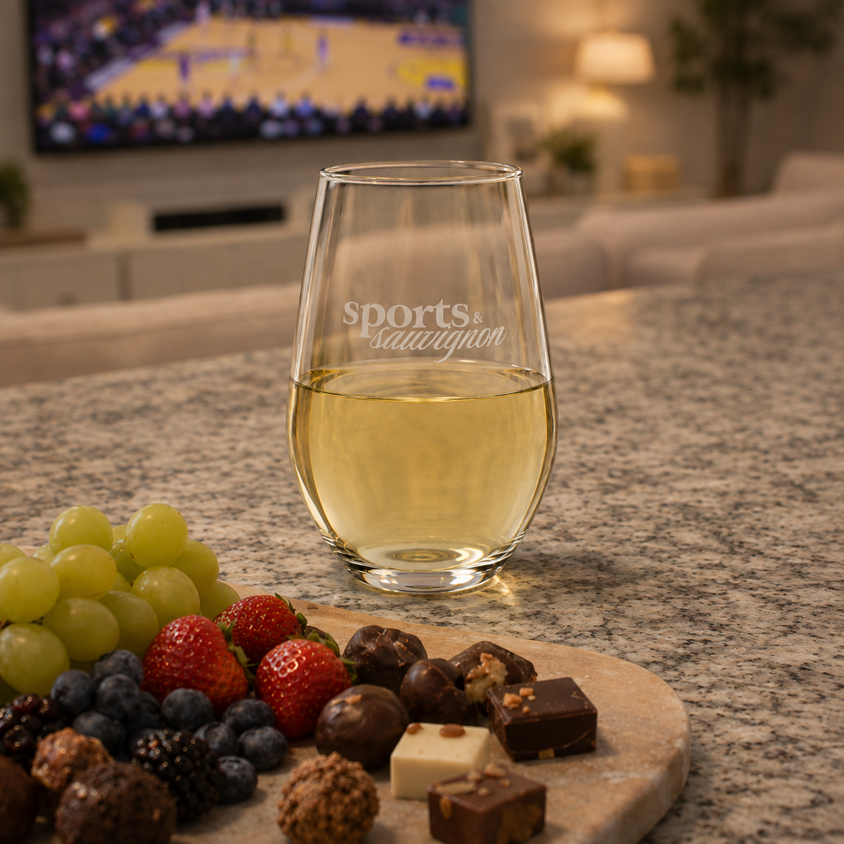 Sports & Sauvignon stemless wine glass styled for game-day entertaining