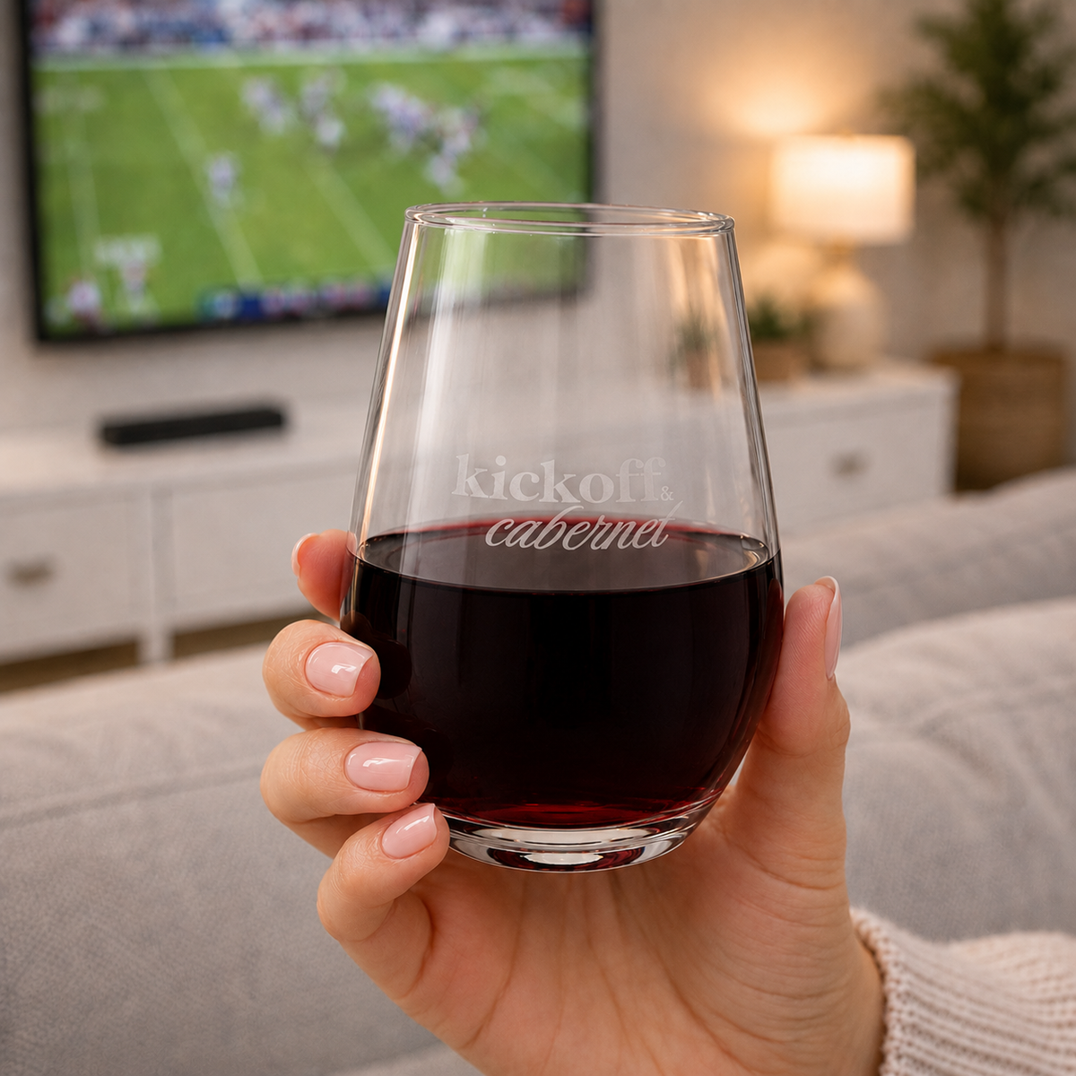 Kickoff & Cabernet stemless wine glass styled for game-day entertaining