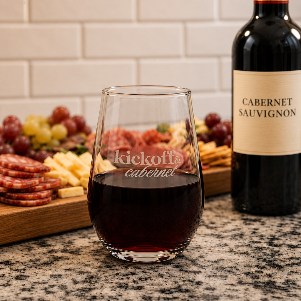 Kickoff & Cabernet engraved wine glass in a premium lifestyle setting