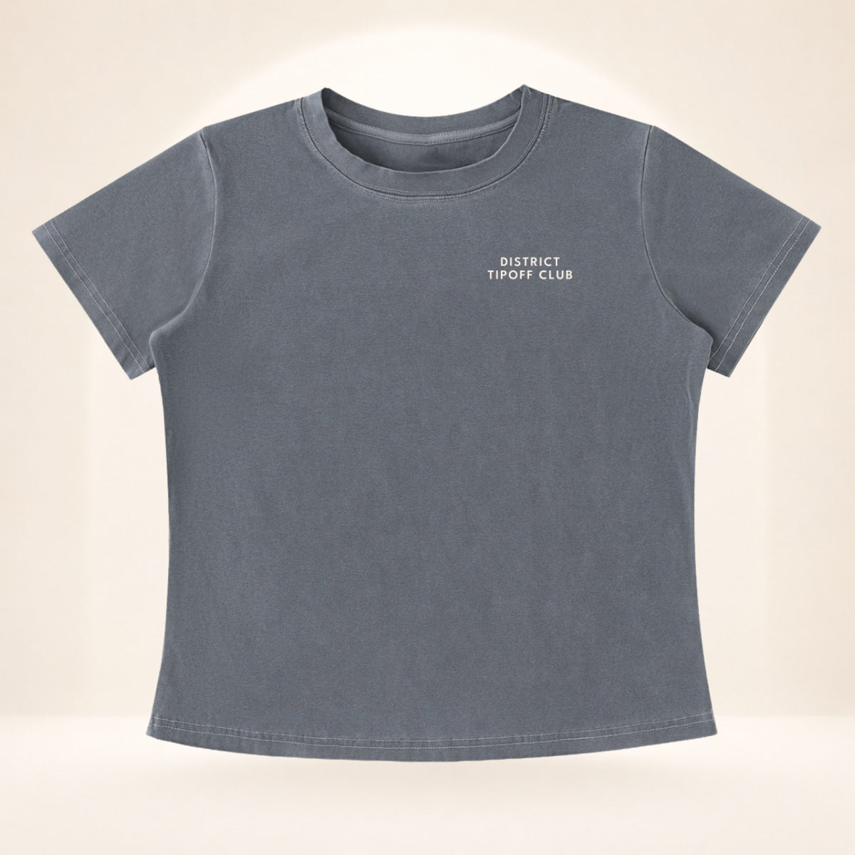 Flat front view of District Tipoff Club vintage wash women's basketball tee with District Tipoff Club chest mark.