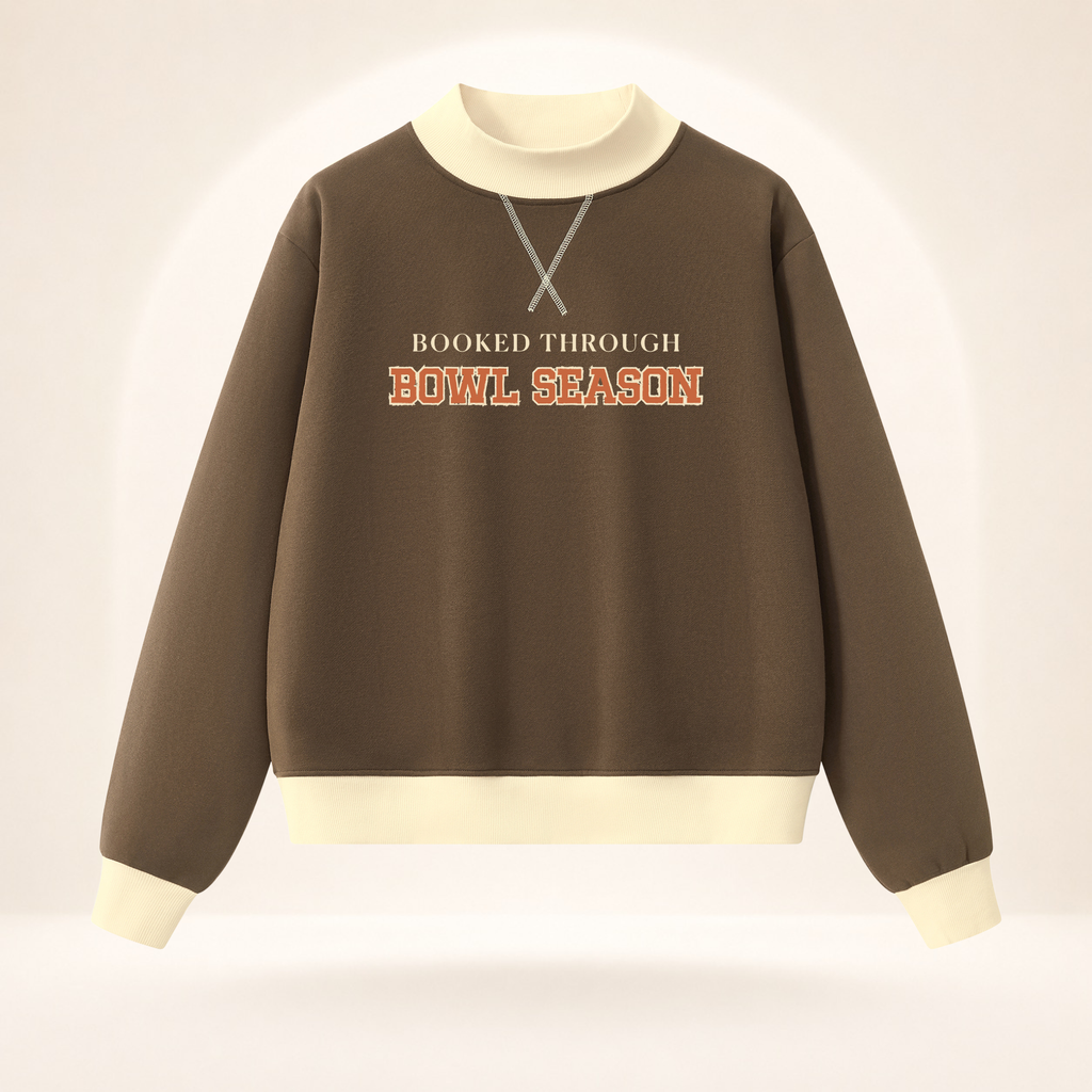 Booked Through Bowl Season women’s mock-neck sweatshirt in brown and apricot, front view