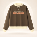 Booked Through Bowl Season women’s mock-neck sweatshirt in brown and apricot, front view