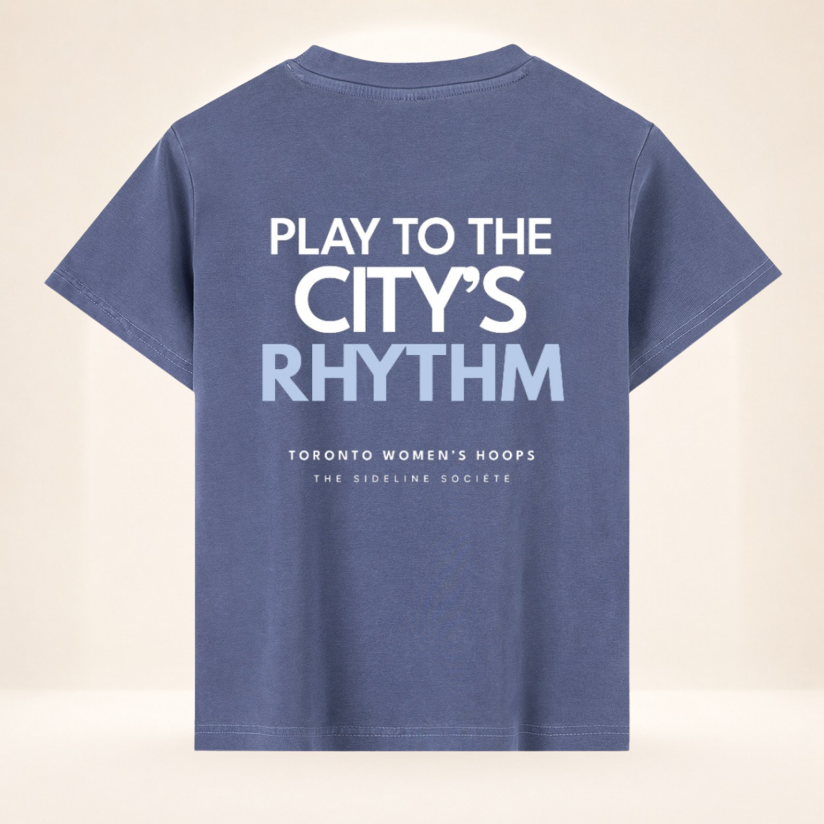 Back view of 416 Tipoff Club vintage wash women's basketball tee with Play to the City's Rhythm graphic.