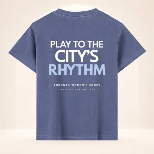Back view of 416 Tipoff Club vintage wash women's basketball tee with Play to the City's Rhythm graphic.