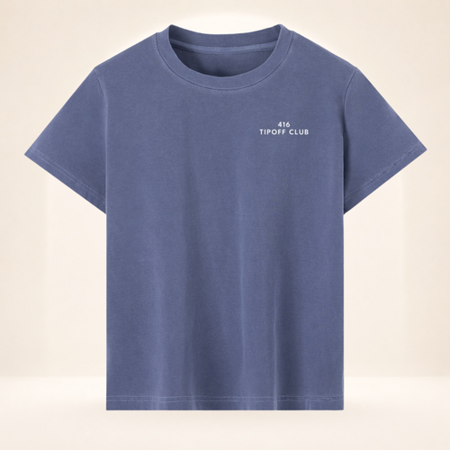 Front view of 416 Tipoff Club vintage wash women's basketball tee with small left-chest 416 Tipoff Club mark.