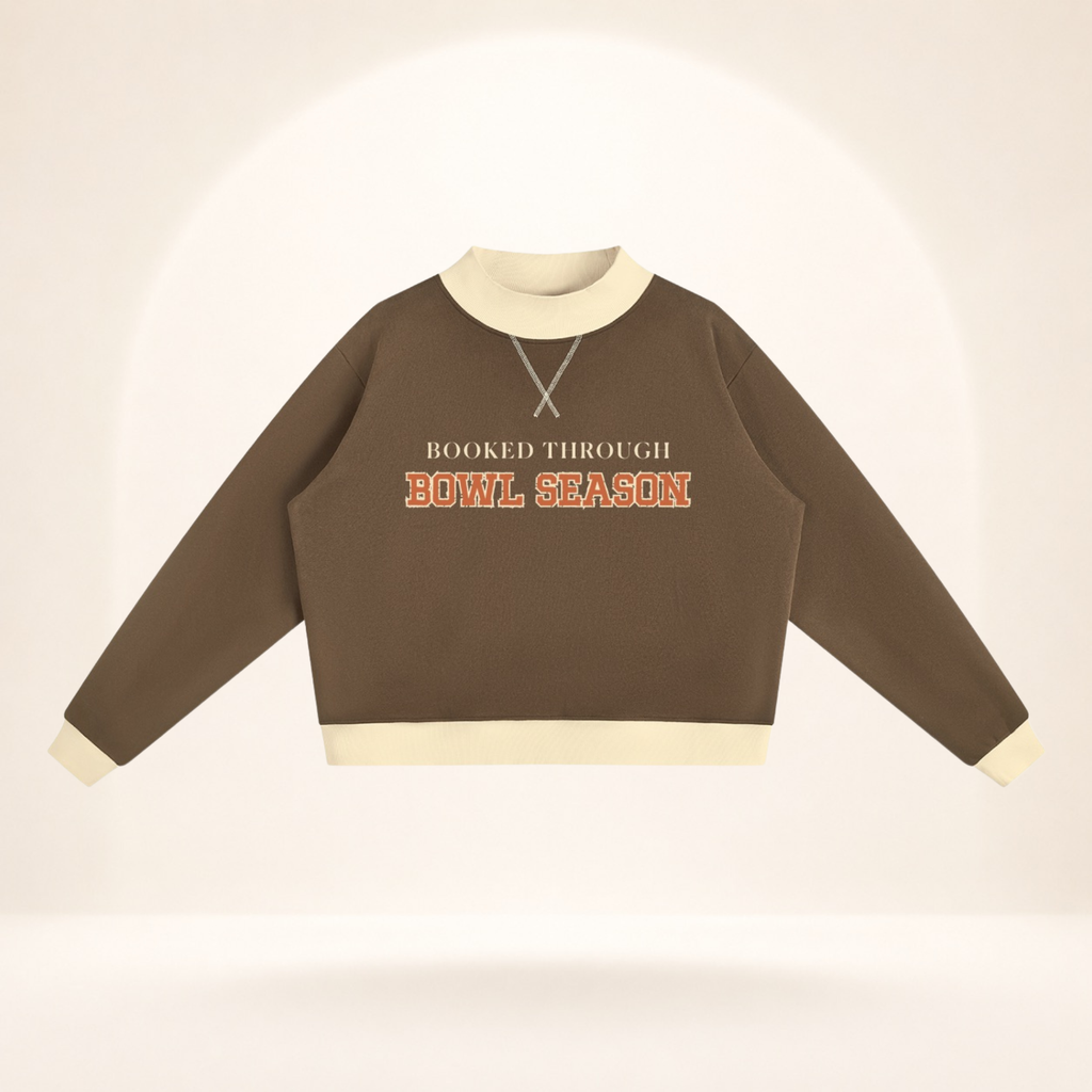 Booked Through Bowl Season women’s mock-neck sweatshirt in brown and apricot, alternate view