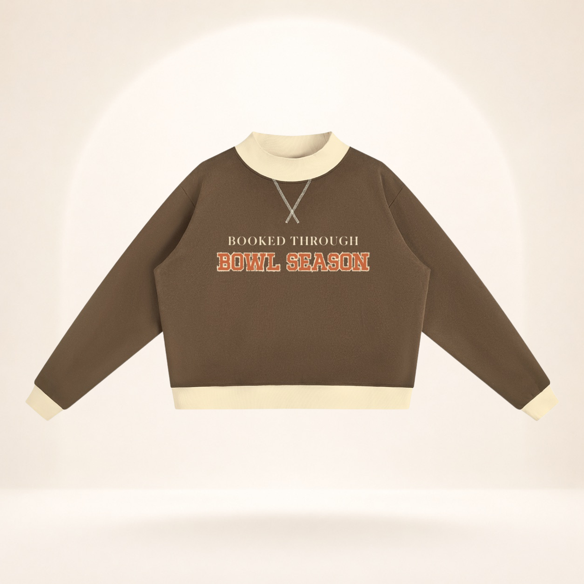 Booked Through Bowl Season women’s mock-neck sweatshirt in brown and apricot, alternate view