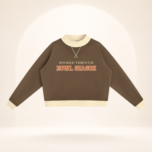 Booked Through Bowl Season women’s mock-neck sweatshirt in brown and apricot, alternate view