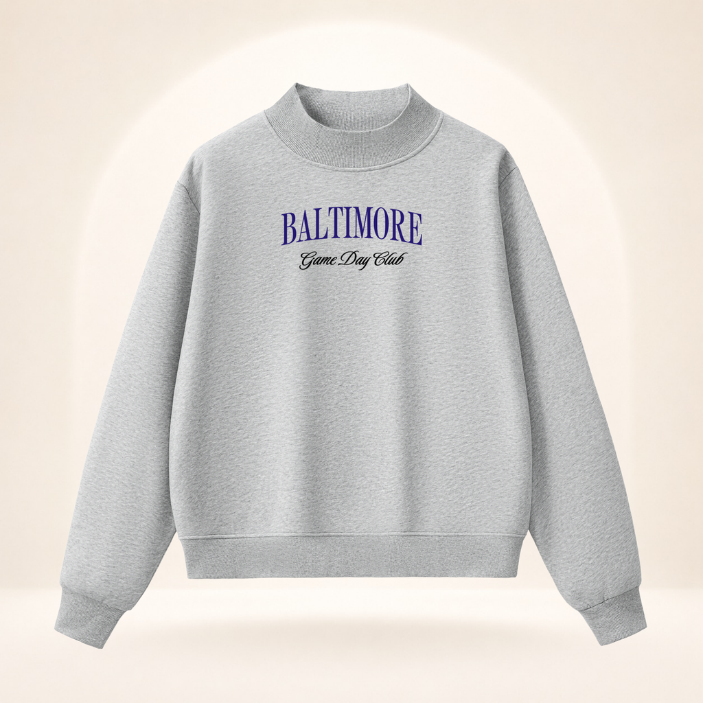 Baltimore Game Day Club Mock-Neck Sweatshirt flower gray ghost mannequin front view