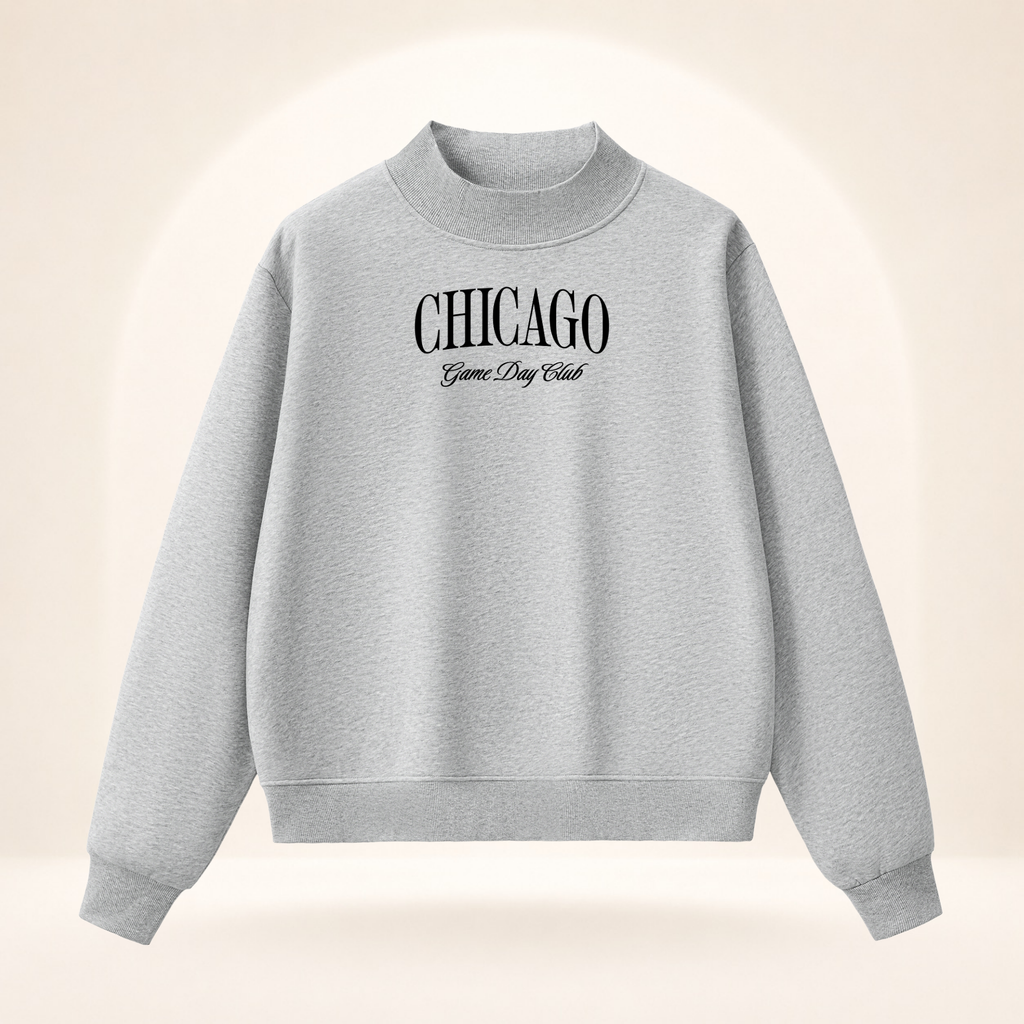 Chicago Game Day Club Mock-Neck Sweatshirt flower gray ghost mannequin front view