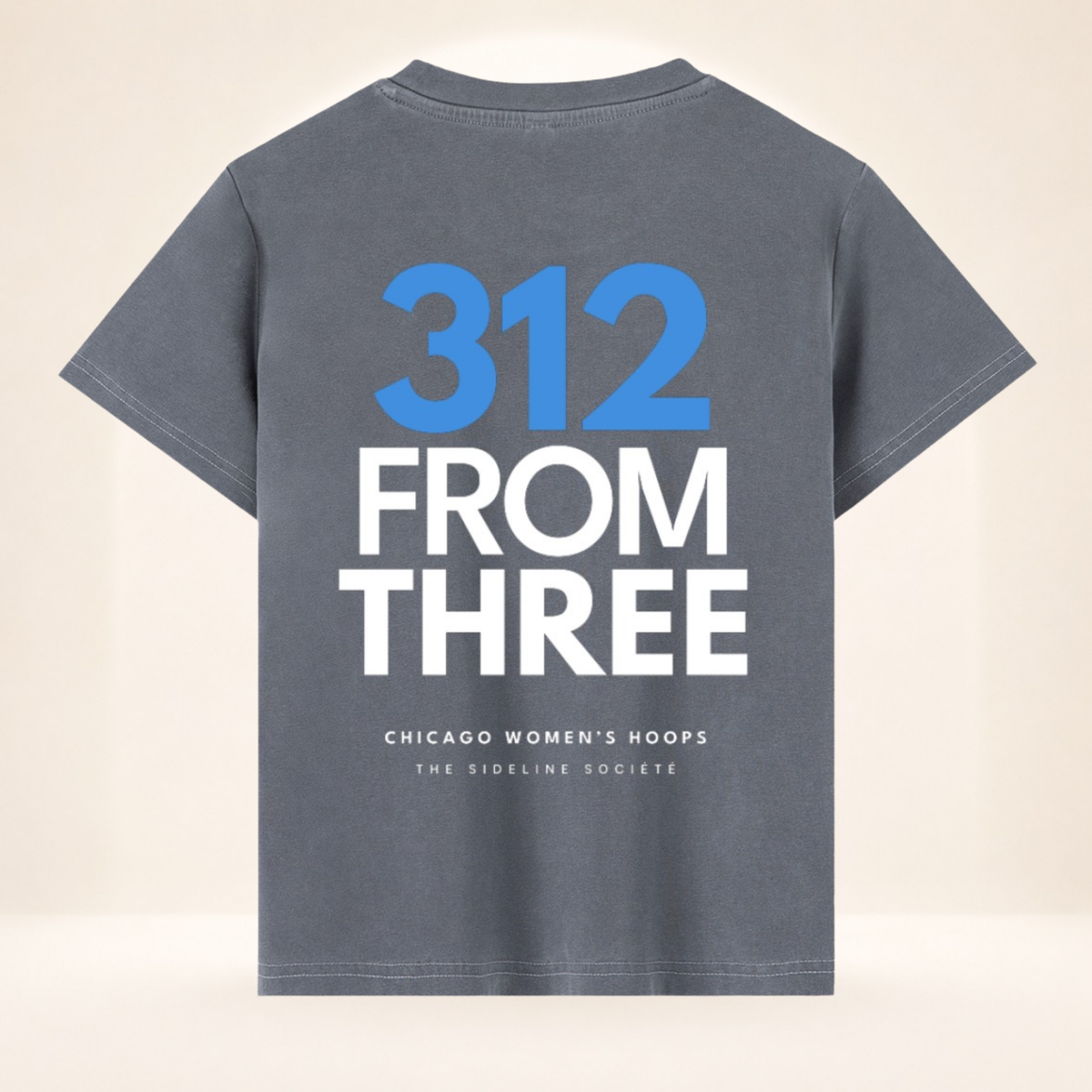 Back view of Chicago Tipoff Club vintage wash women's basketball tee with 312 From Three graphic.