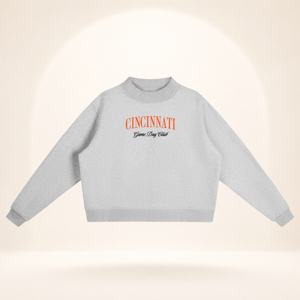 Cincinnati Game Day Club Mock-Neck Sweatshirt flower gray flat lay front view