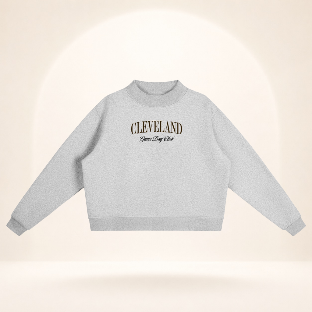 Cleveland Game Day Club Mock-Neck Sweatshirt flower gray flat lay front view