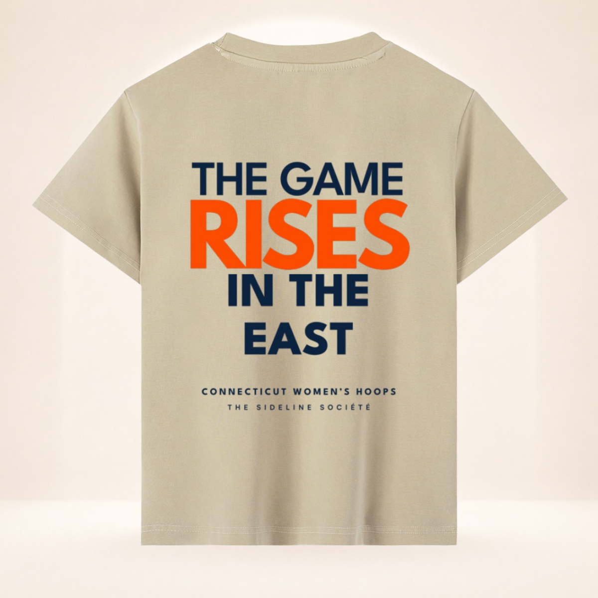 Back view of Connecticut Tipoff Club vintage wash women's basketball tee with The Game Rises in the East graphic.