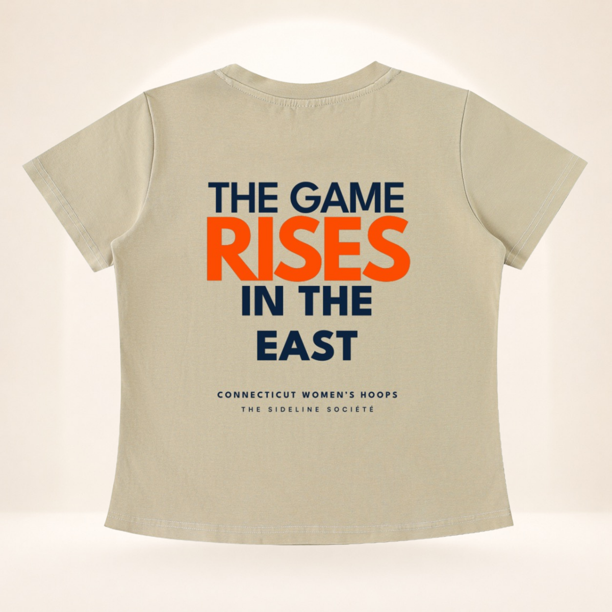 Flat back view of Connecticut Tipoff Club vintage wash women's basketball tee with The Game Rises in the East graphic.