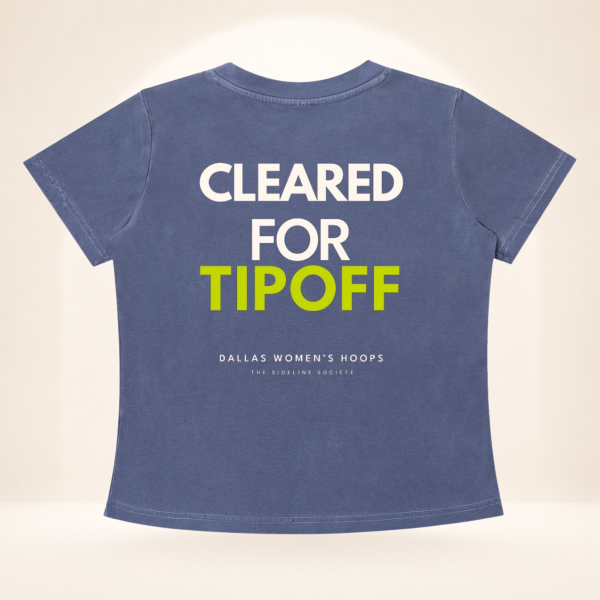 Flat back view of Dallas Tipoff Club vintage wash women's basketball tee with Cleared for Tipoff graphic.