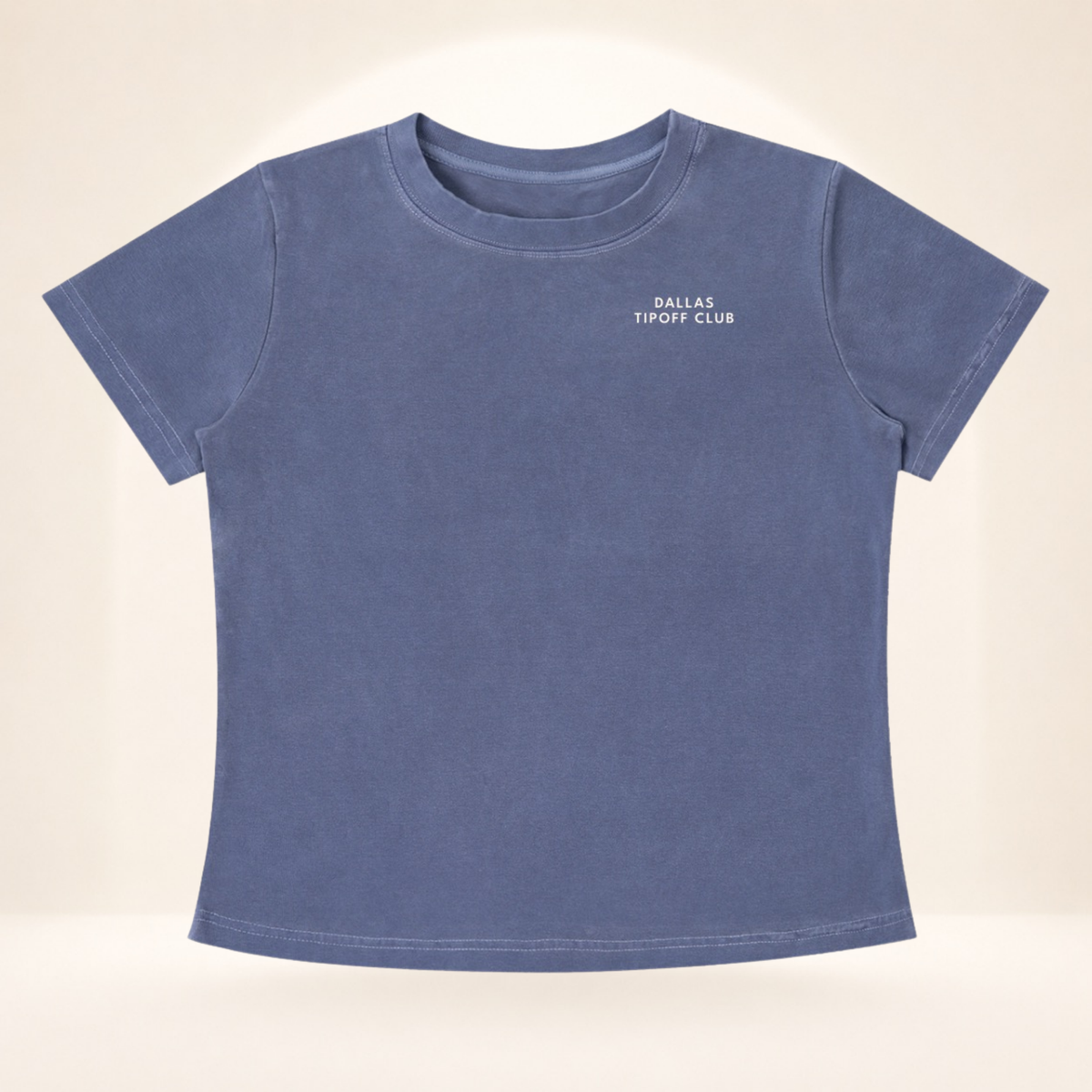 Flat front view of Dallas Tipoff Club vintage wash women's basketball tee with Dallas Tipoff Club chest mark.
