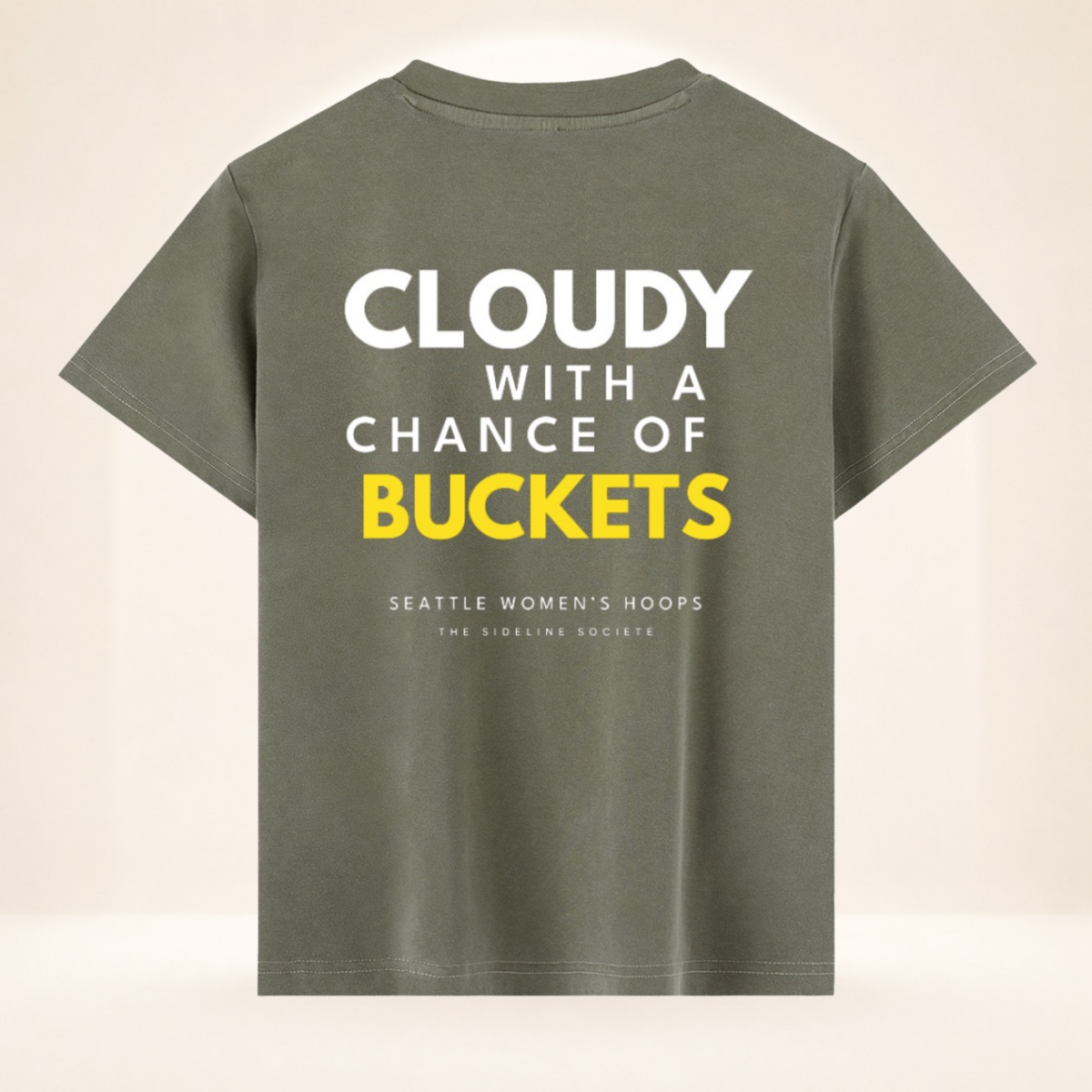 Back view of Emerald City Tipoff Club vintage wash women's basketball tee with Cloudy with a Chance of Buckets graphic.