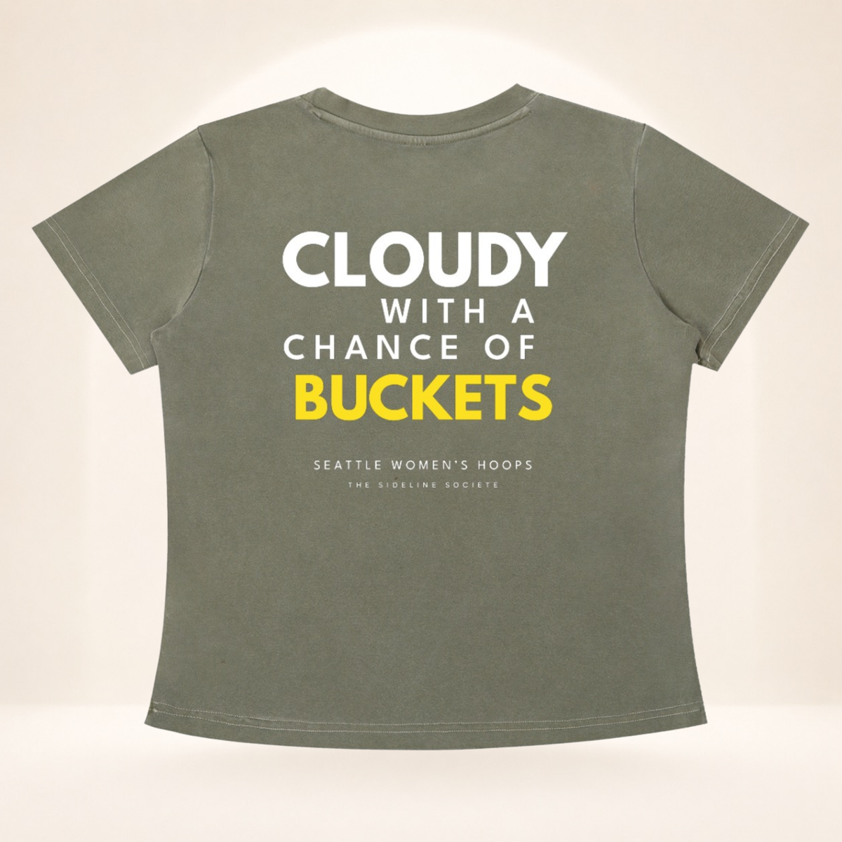 Flat back view of Emerald City Tipoff Club vintage wash women's basketball tee with Cloudy with a Chance of Buckets graphic.