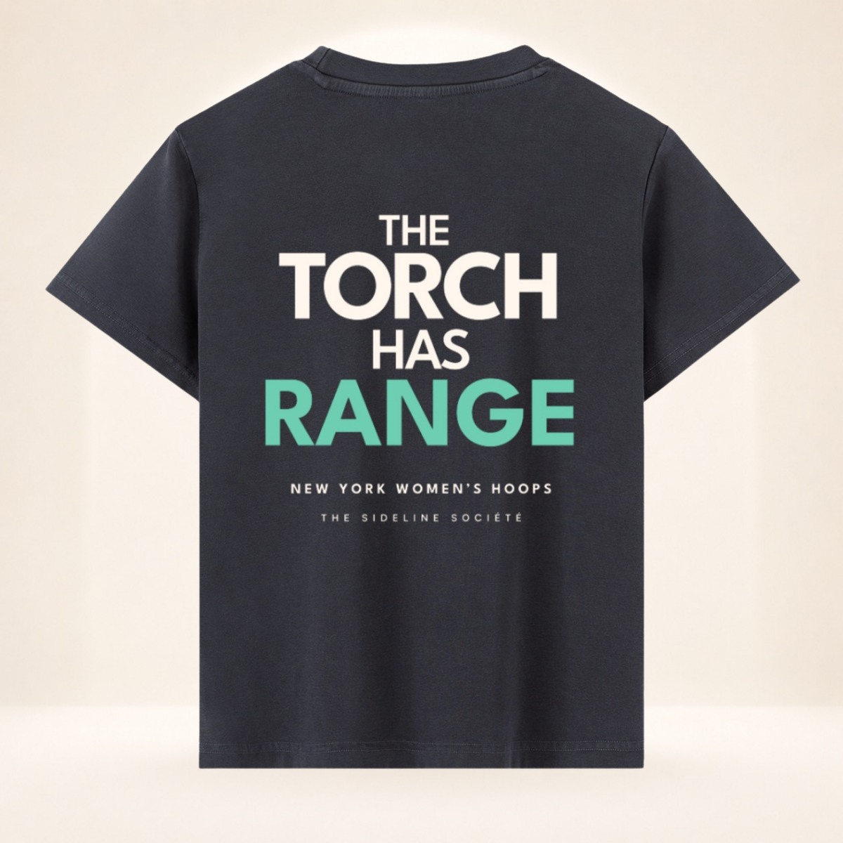 Back view of Empire Tipoff Club vintage wash women's basketball tee with The Torch Has Range graphic.