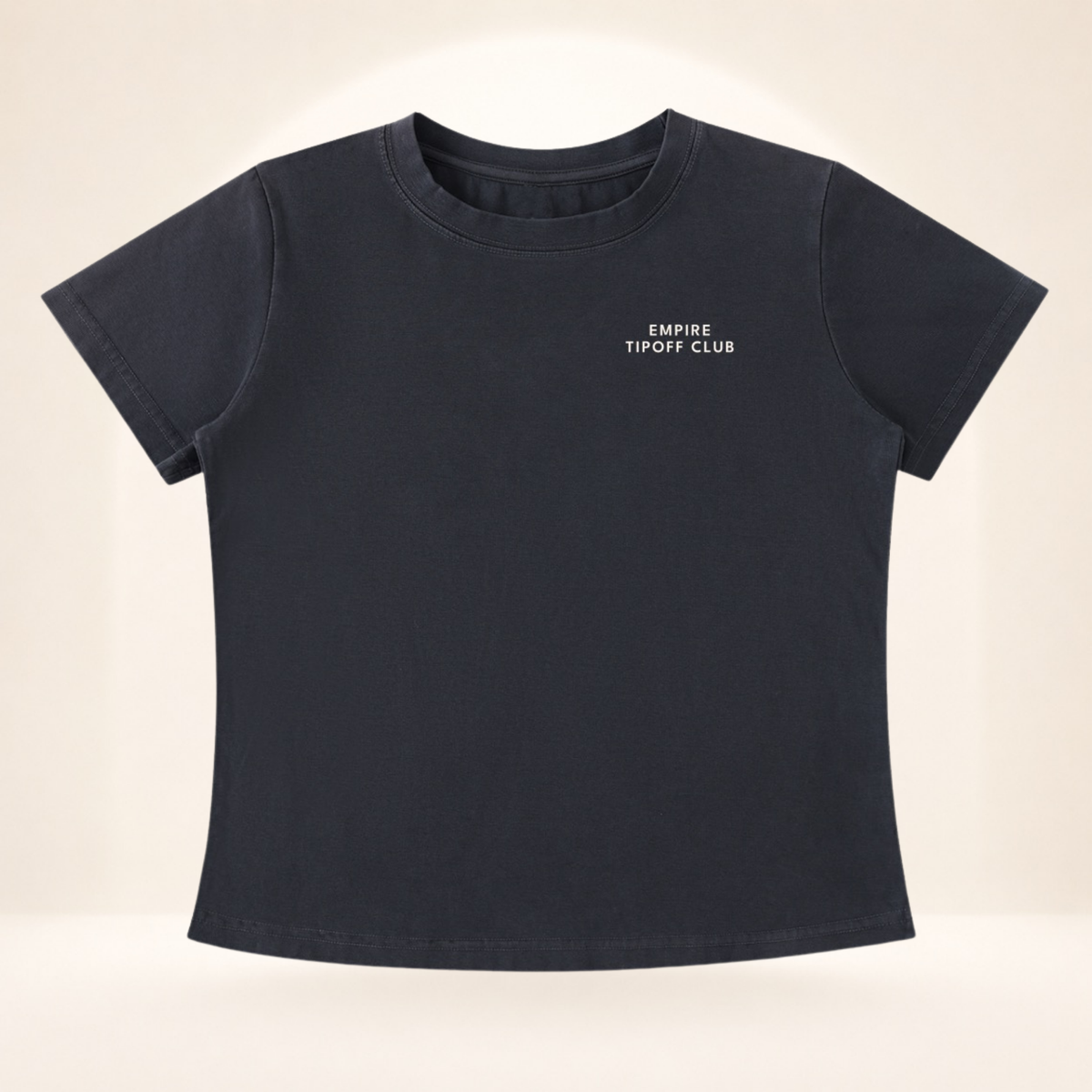 Flat front view of Empire Tipoff Club vintage wash women's basketball tee with Empire Tipoff Club chest mark.