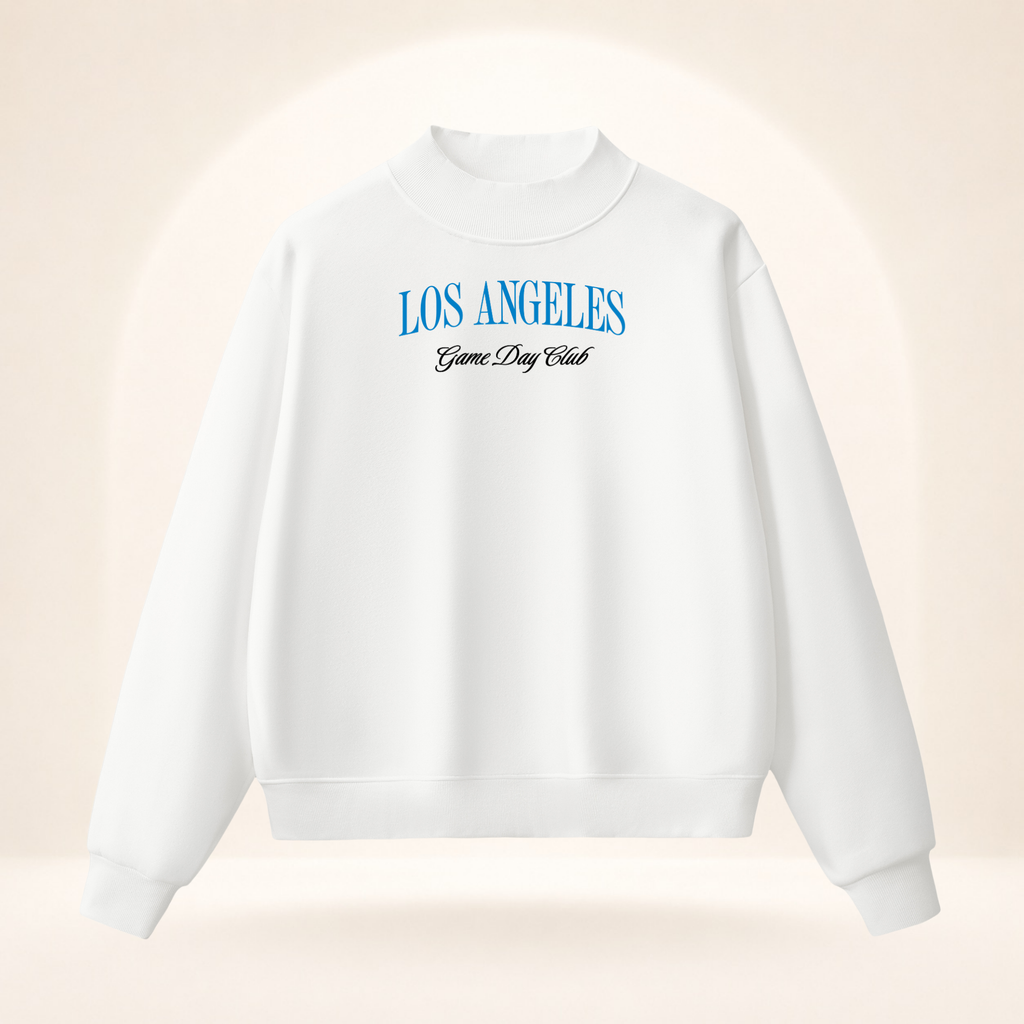 Los Angeles Game Day Club Powder Blue Mock-Neck Sweatshirt white ghost mannequin front view
