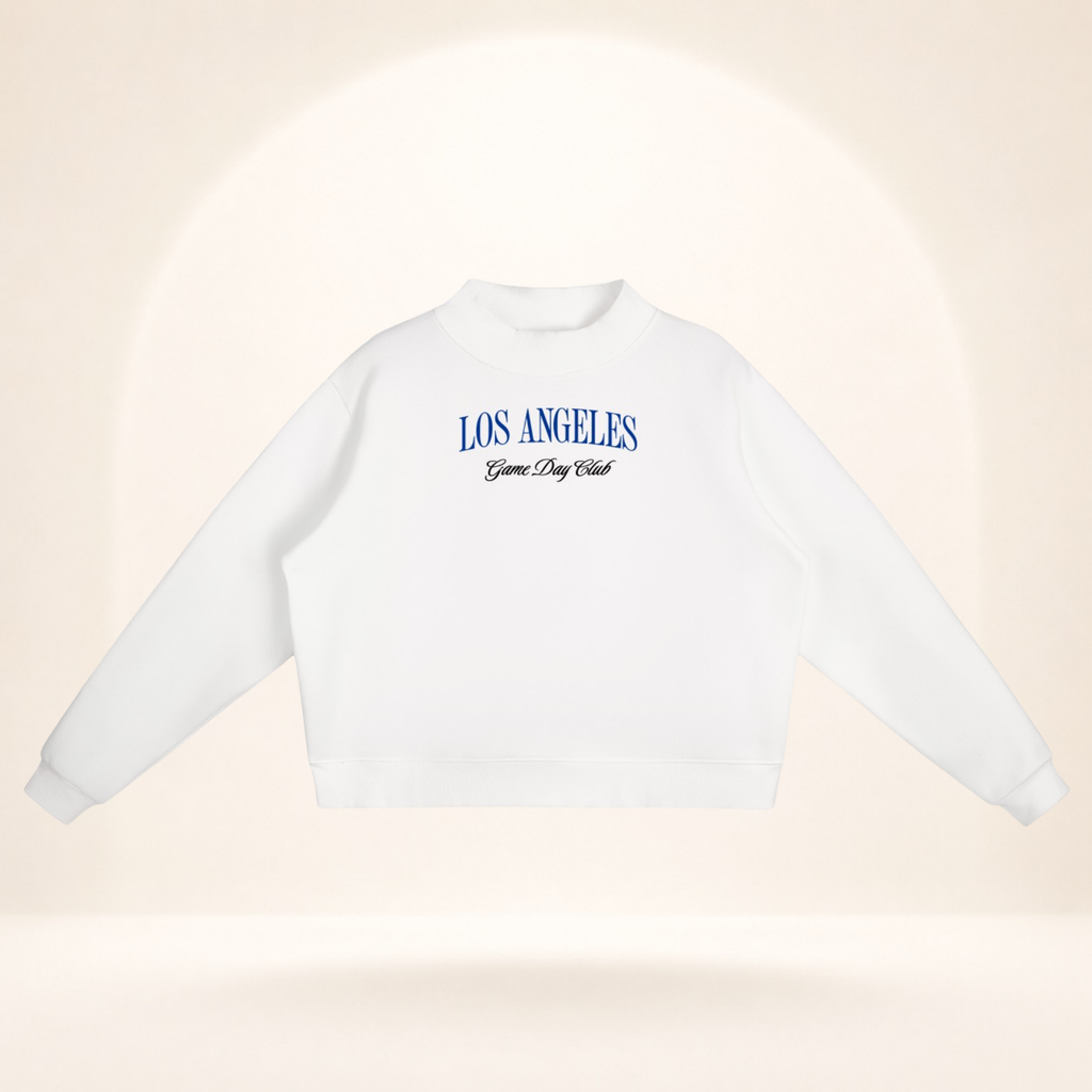 Los Angeles Game Day Club Royal Blue Mock-Neck Sweatshirt white flat lay front view