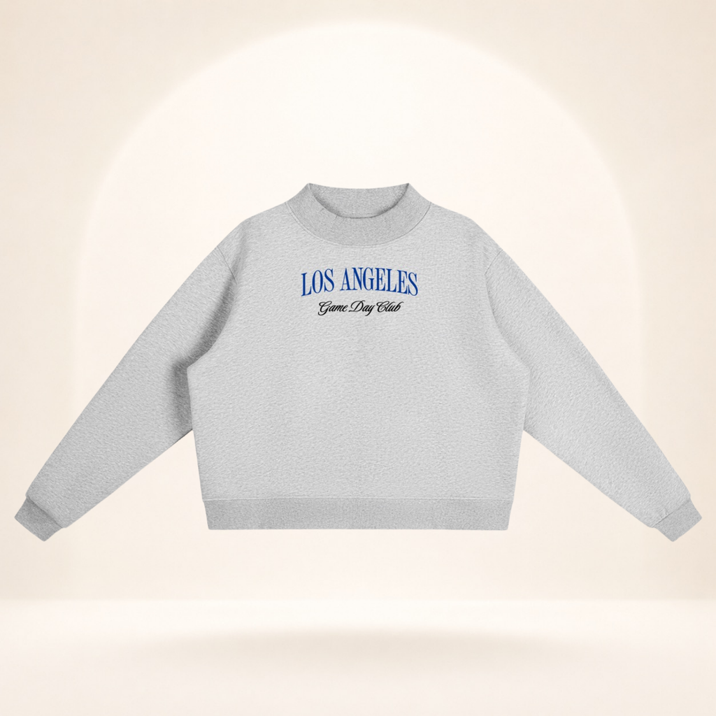 Los Angeles Game Day Club Royal Blue Mock-Neck Sweatshirt flower gray flat lay front view