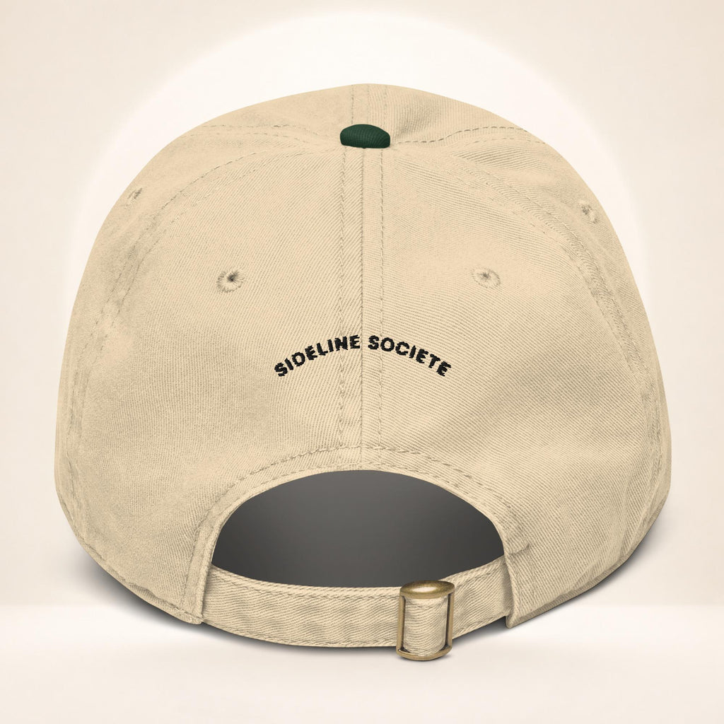 Back view of the Dark Green and Khaki garment-washed baseball cap with adjustable fabric strap
