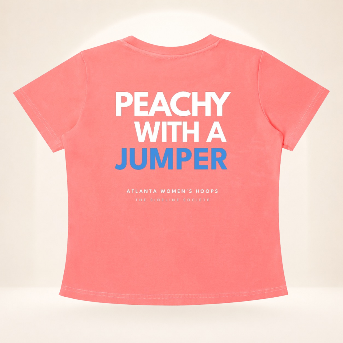 Flat back view of Peachtree Tipoff Club vintage wash women's basketball tee with Peachy with a Jumper graphic.