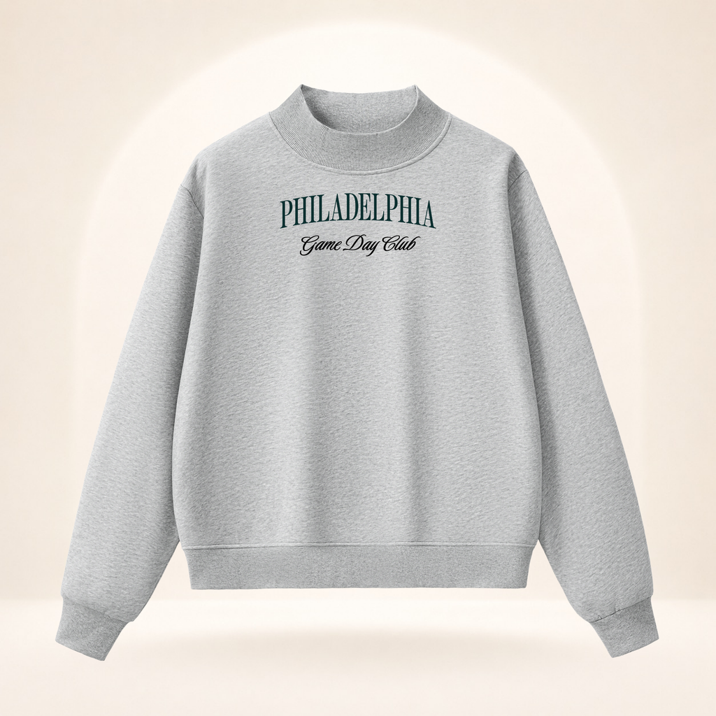 Philadelphia Game Day Club Mock-Neck Sweatshirt flower gray ghost mannequin front view