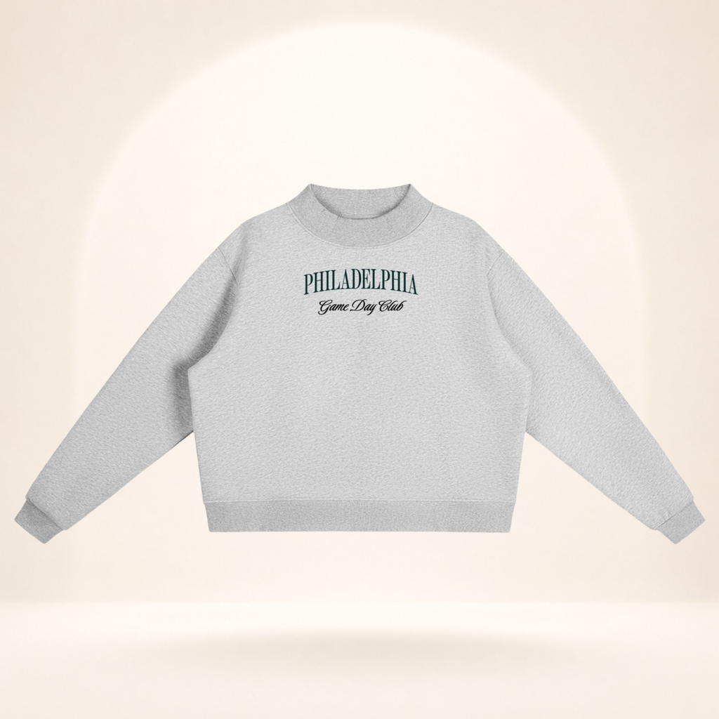 Philadelphia Game Day Club Mock-Neck Sweatshirt flower gray flat lay front view