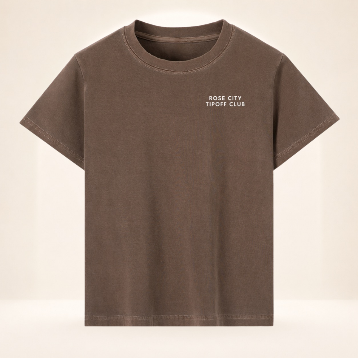 Front view of Rose City Tipoff Club vintage wash women's basketball tee with small left-chest Rose City Tipoff Club mark.