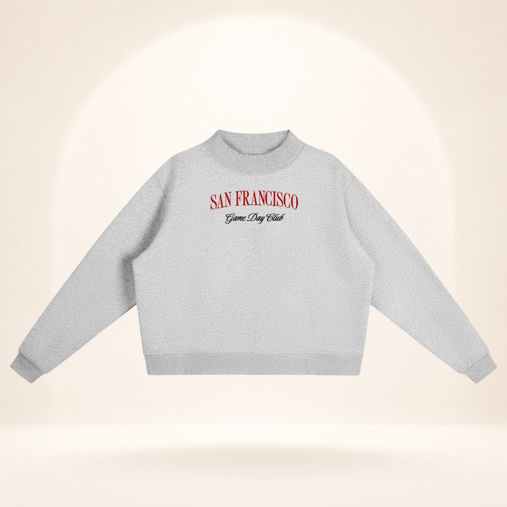 San Francisco Game Day Club Mock-Neck Sweatshirt flower gray flat lay front view