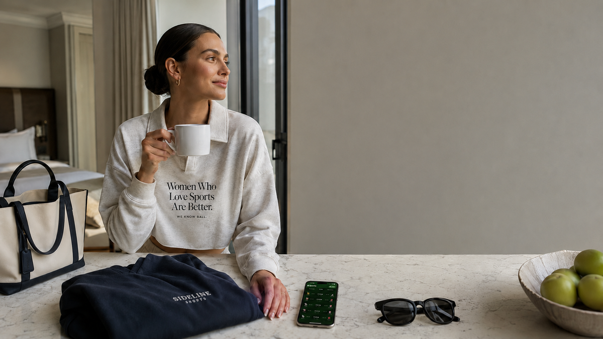 Lifestyle image of a woman wearing the Women Who Love Sports Are Better sweatshirt with Sideline Shoppe apparel and accessories, capturing elevated game day style and sports-inspired fashion.