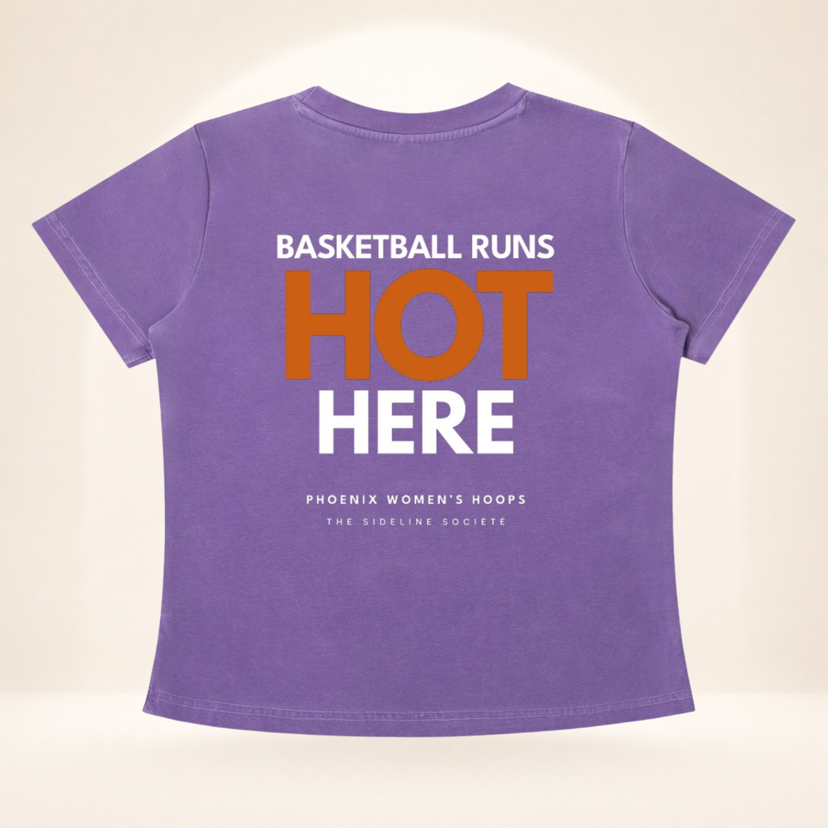 Flat back view of Valley Tipoff Club vintage wash women's basketball tee with Basketball Runs Hot Here graphic.