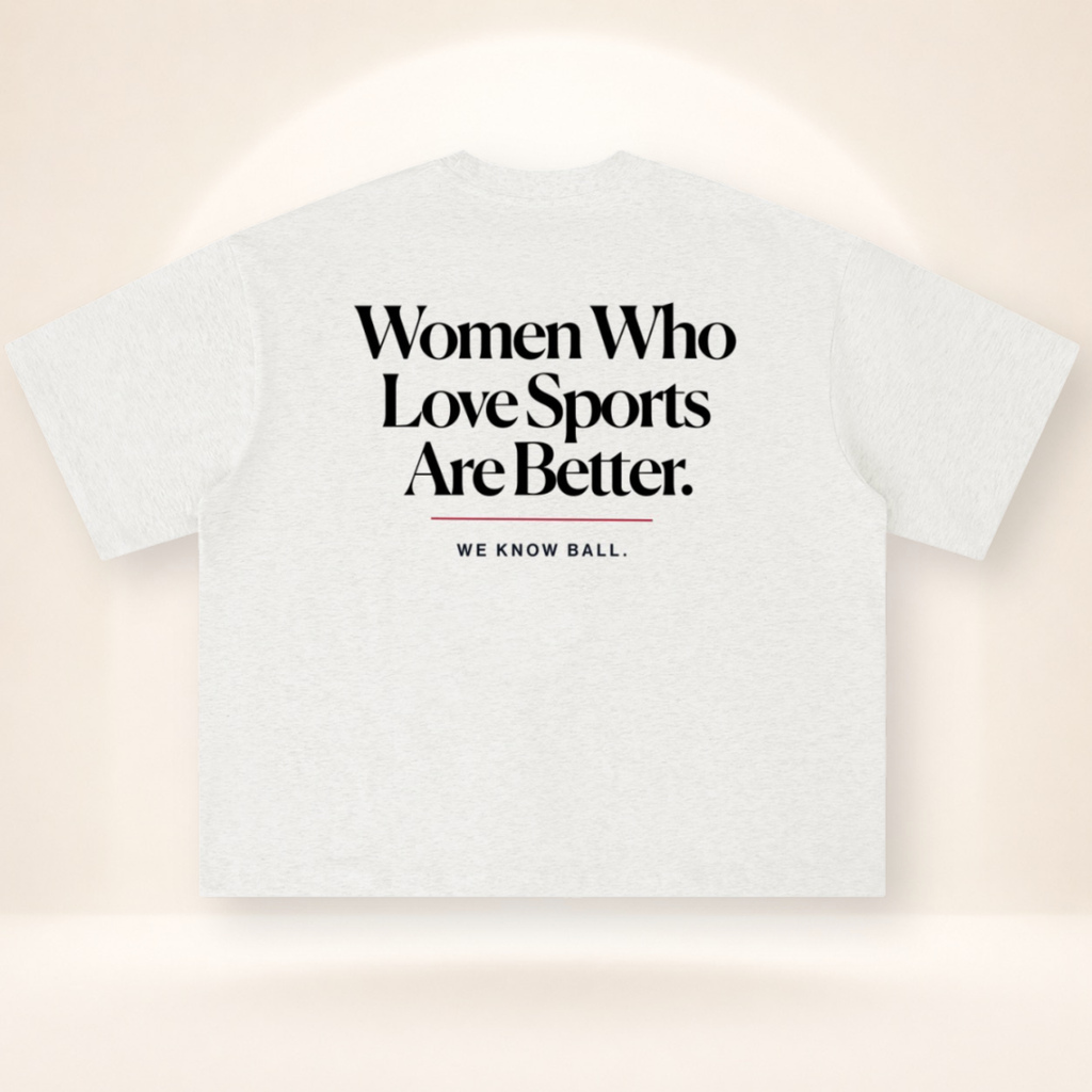 Women Who Love Sports Are Better. Boxy Oversized Tee in oat gray – flat back view