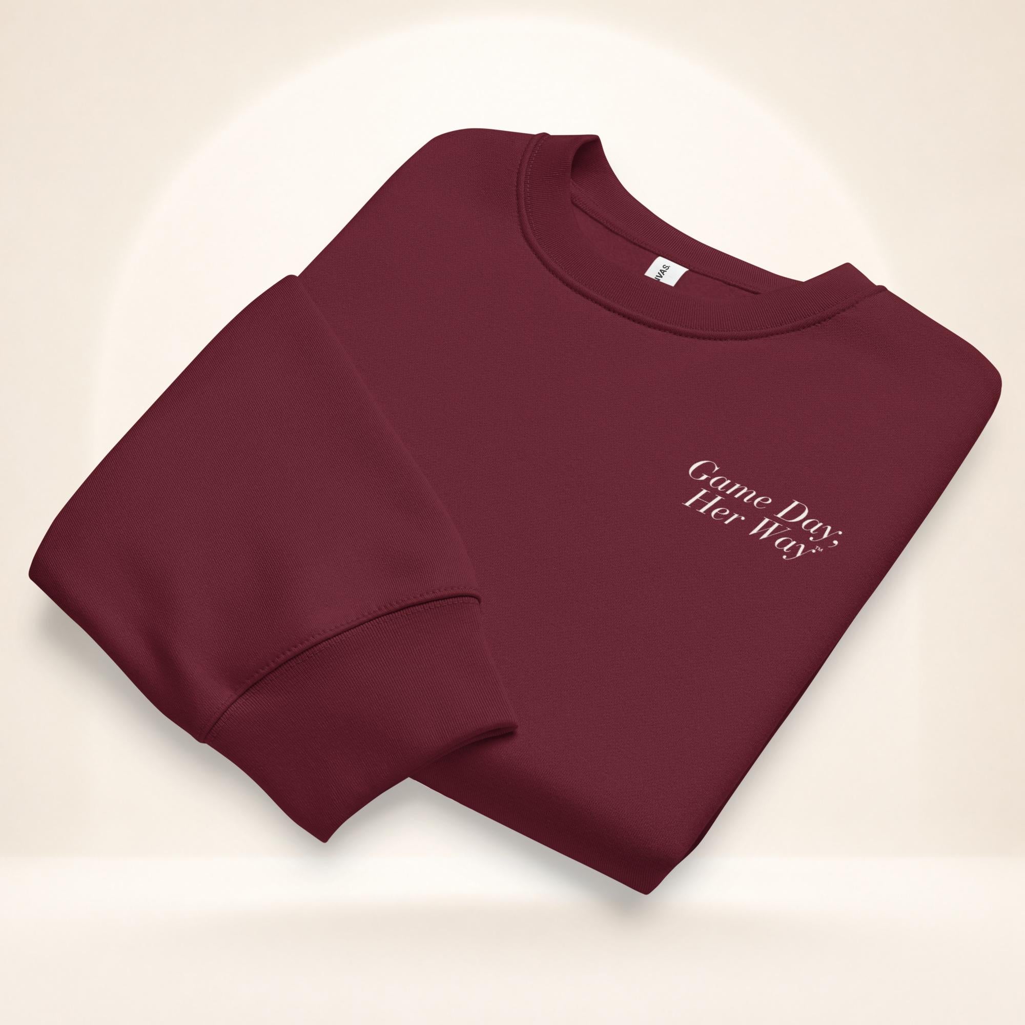 Maroon oversized heavyweight sweatshirt folded featuring a small “We’re Friends…Unless It’s Game Day.™” chest graphic by The Sideline Société.
