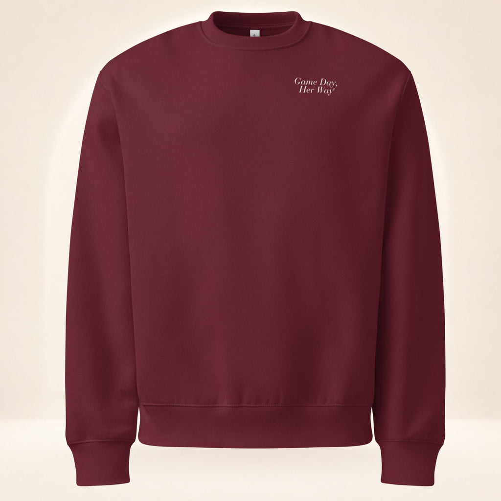 Maroon oversized heavyweight sweatshirt featuring a small “We’re Friends…Unless It’s Game Day.™” chest graphic by The Sideline Société.