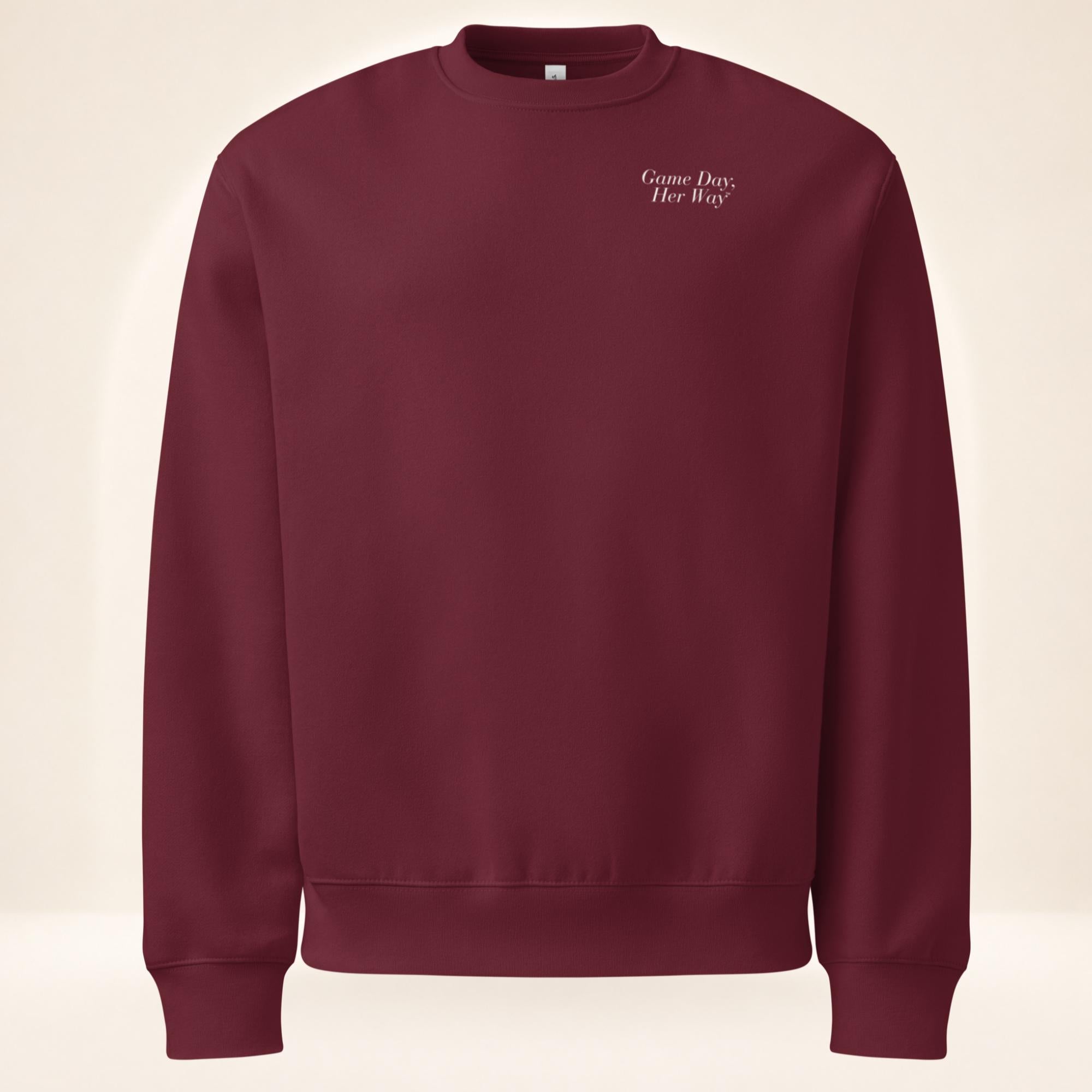 Maroon oversized heavyweight sweatshirt featuring a small “We’re Friends…Unless It’s Game Day.™” chest graphic by The Sideline Société.